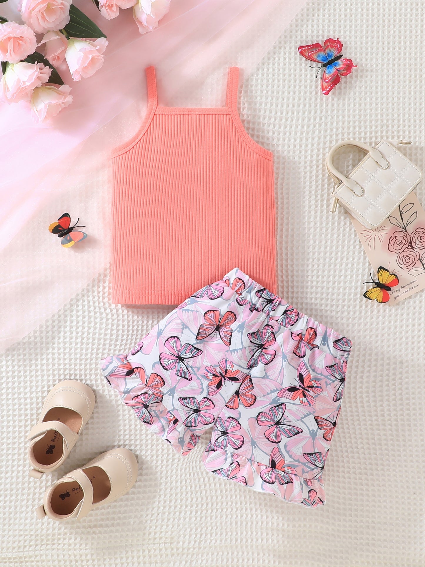Girls' Ribbed Cami Top & Elastic Waist Shorts Set – Casual Summer Outfit for Outdoor Play