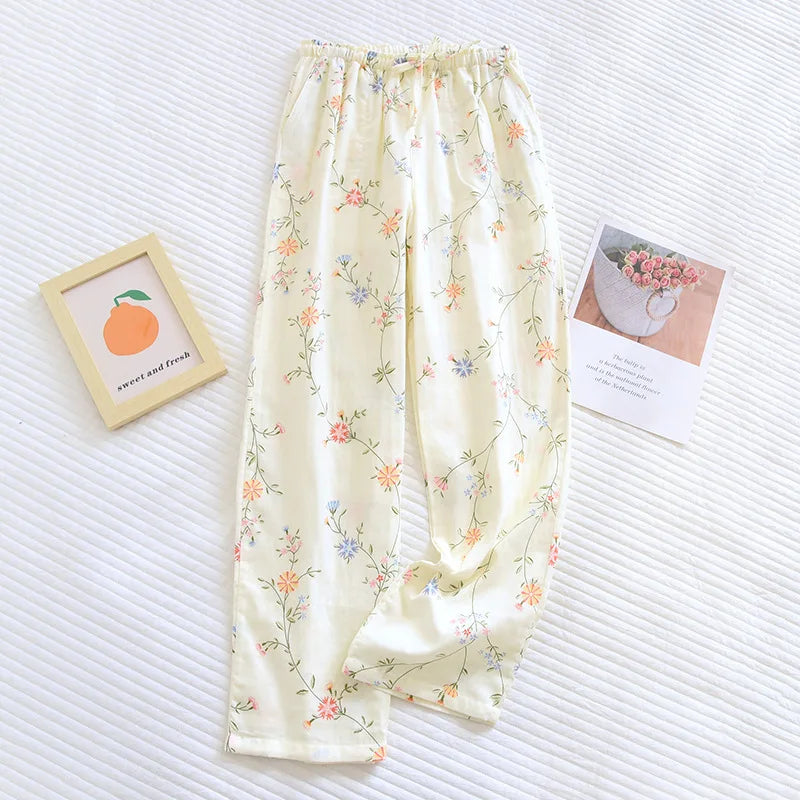 Spring and Summer Couples Home Pants Women Cotton Double Gauze Thin Sleep Pants Sleep Bottoms Casual Printing Pyjamas