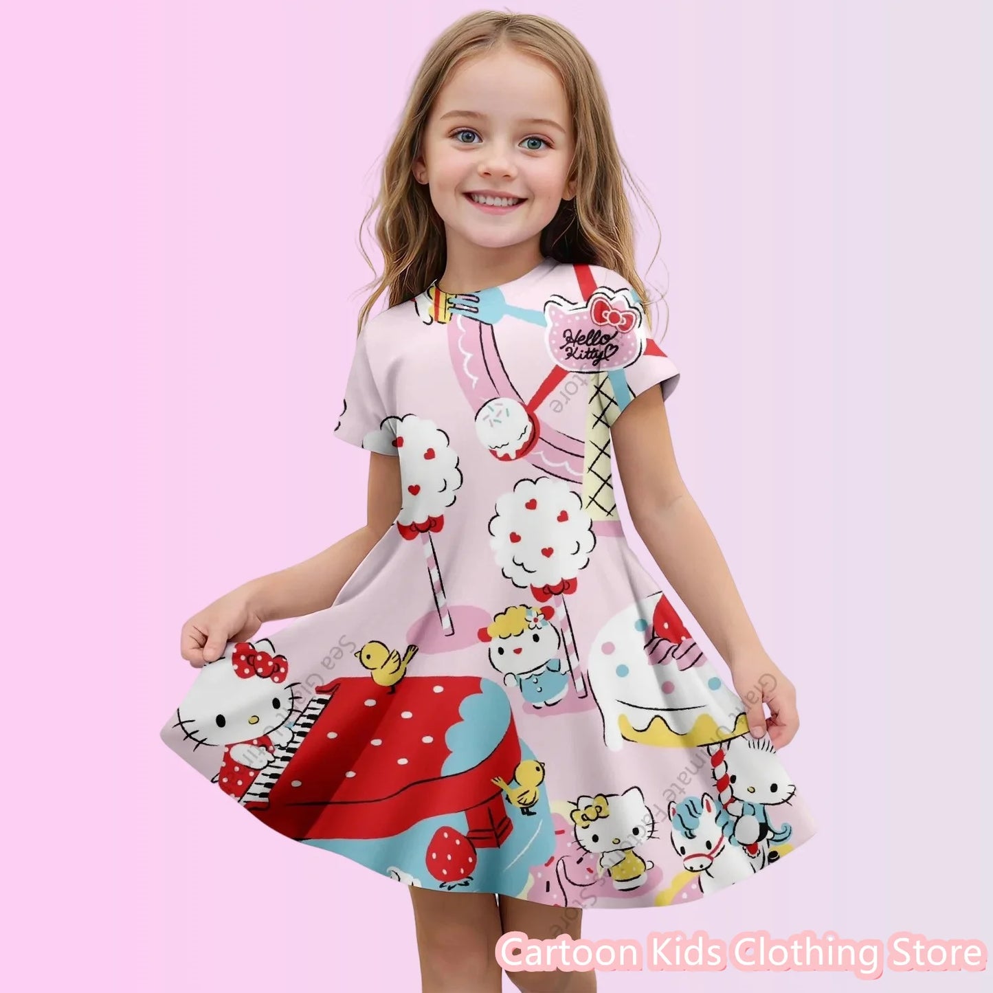 Girls’ Cartoon Princess Dress – 3D Cinnamoroll & Hello Kitty Short Sleeve Outfit
