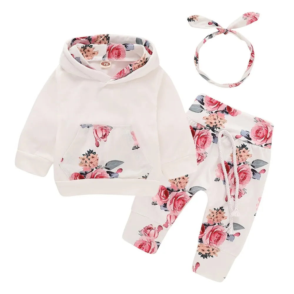 3PCS Baby Girl Outfit (0–18M) – Floral Hoodie, Pants & Bow Headband Set
