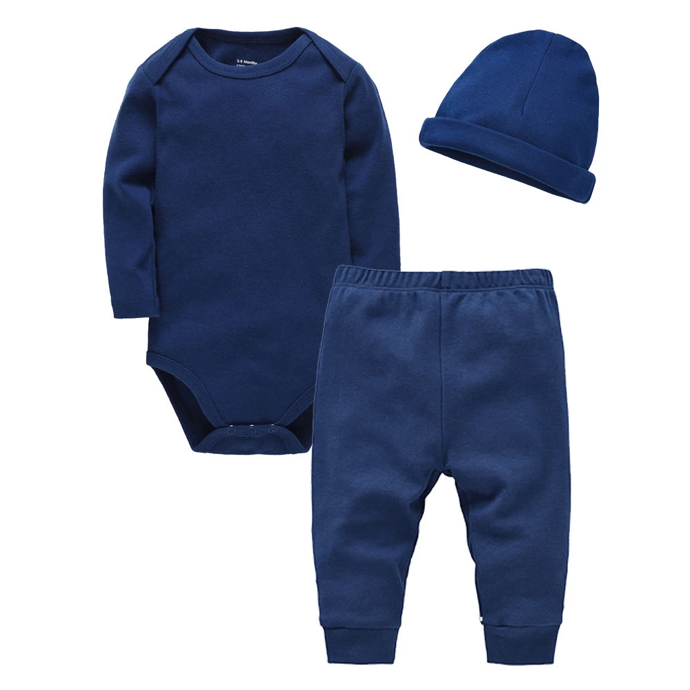 Conjunto de 3 peças 100% algodão para bebé, macacão, calças, chapéu, calças, roupa lisa para recém-nascido