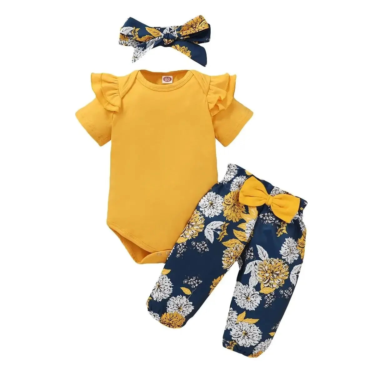 3PCS Newborn Girl Outfit – Floral Pants, Bow Headband & Short Sleeve Bodysuit