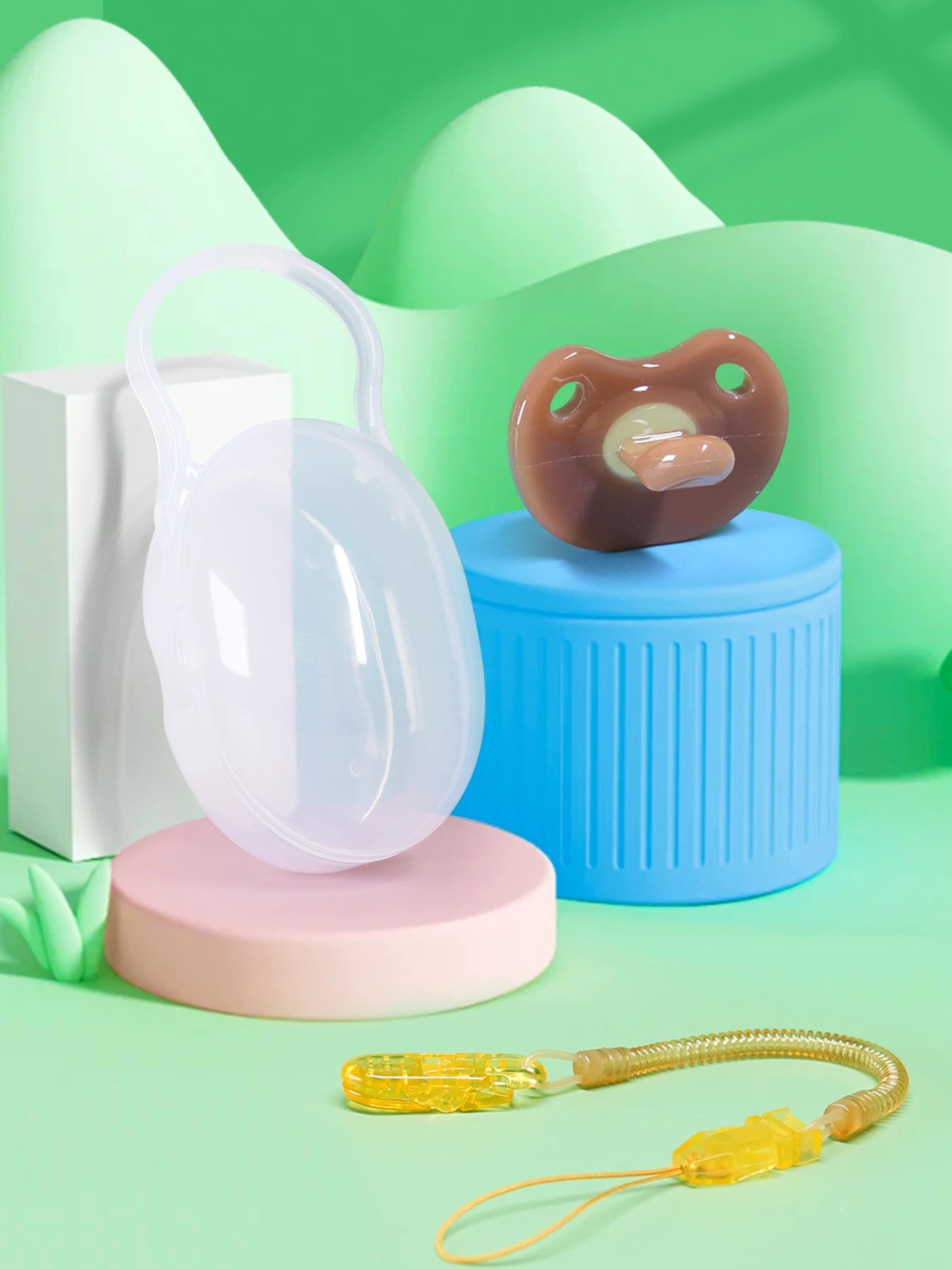 3PCS Baby Silicone Pacifier Set – Soft Brown Pacifier with Storage Box & Anti-Drop Chain, BPA Free