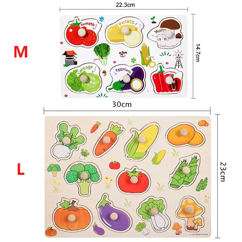 Montessori Wooden Peg Puzzles – 3D Cartoon Animal & Fruit Educational Toys