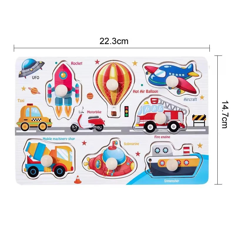 Montessori Wooden Peg Puzzles – 3D Cartoon Animal & Fruit Educational Toys