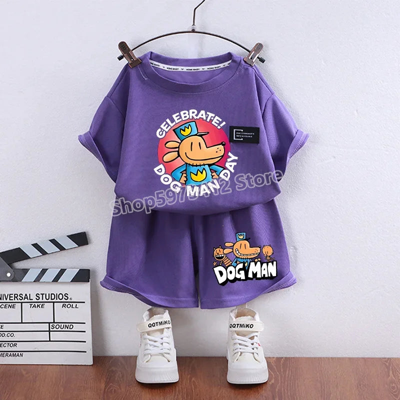 Roupa de verão Dog Man – Conjunto de t-shirt e calções de desenho animado para meninos e meninas