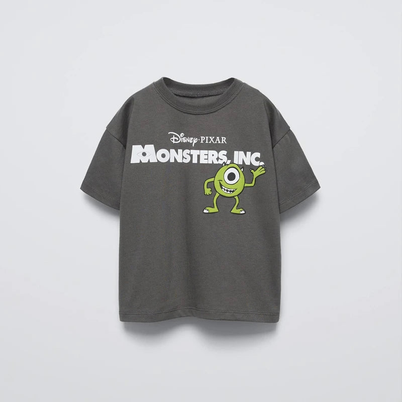 T-shirt infantil estampada com monstro de desenho animado – Blusa casual de gola redonda para menino e menina