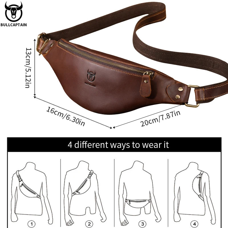 Men's Crazy Horse Leather Belt Bag Classic Retro Crossbody Bag Outdoor Storage Mountaineering Mobile Phone Bag