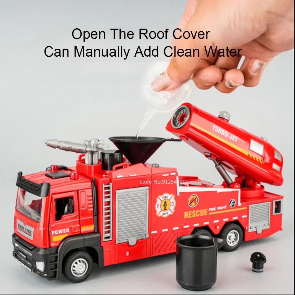 1:32 Scale Water Spray Fire Truck, Sound Light Pull Back Doors Opened Vehicle