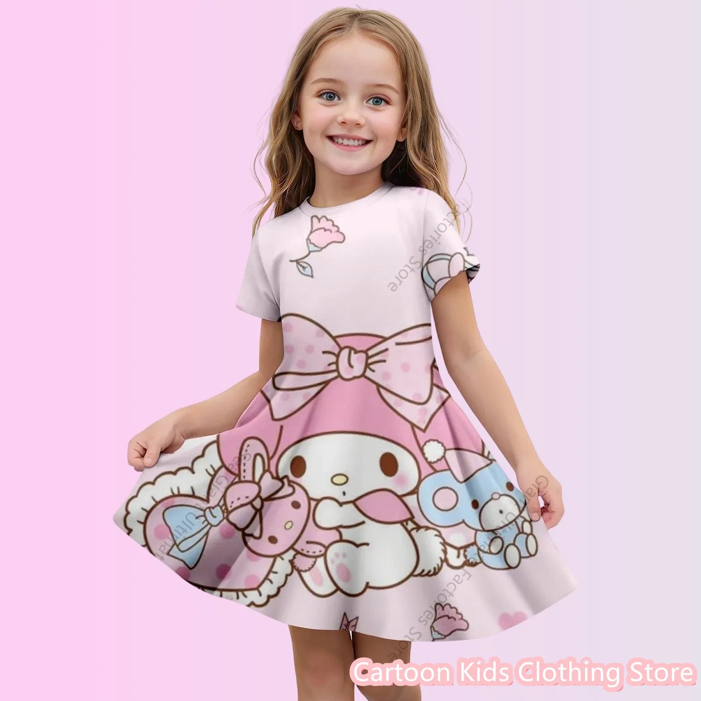 Girls’ Cartoon Princess Dress – 3D Cinnamoroll & Hello Kitty Short Sleeve Outfit
