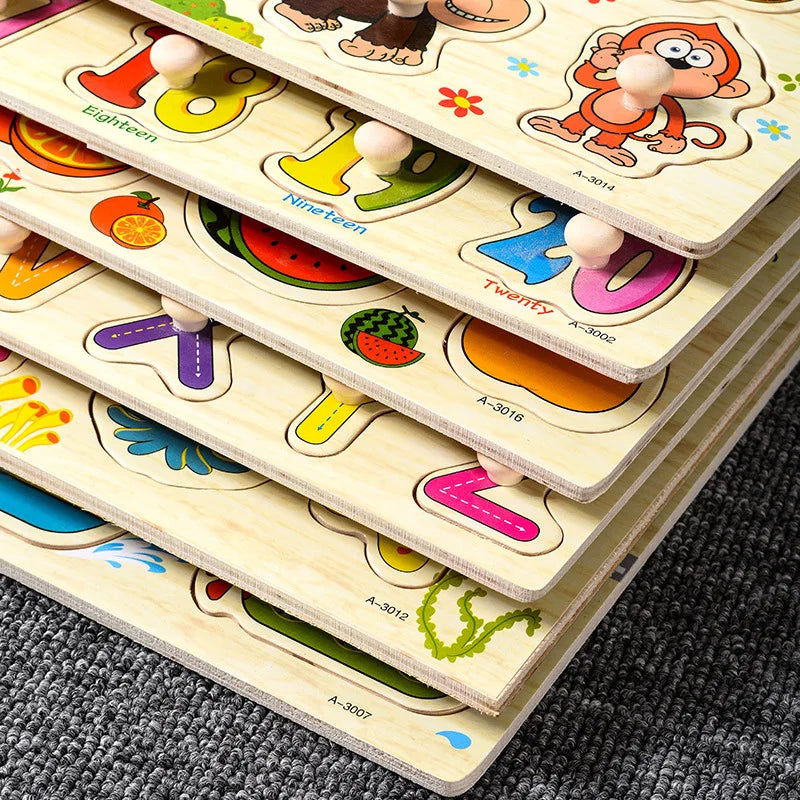 Montessori Wooden Peg Puzzles – 3D Cartoon Animal & Fruit Educational Toys