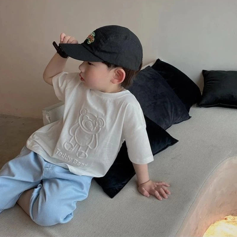 T-shirt infantil Urso com desenho animado – T-shirt leve de algodão para meninos e meninas