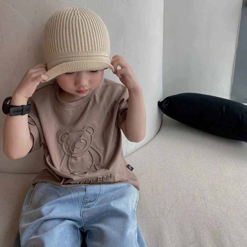 T-shirt infantil Urso com desenho animado – T-shirt leve de algodão para meninos e meninas