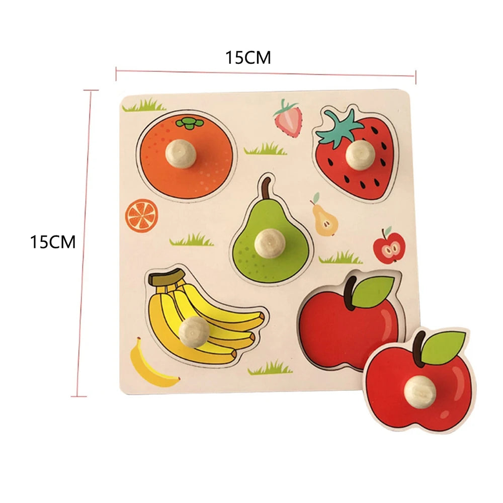 Montessori Wooden Peg Puzzles – 3D Cartoon Animal & Fruit Educational Toys