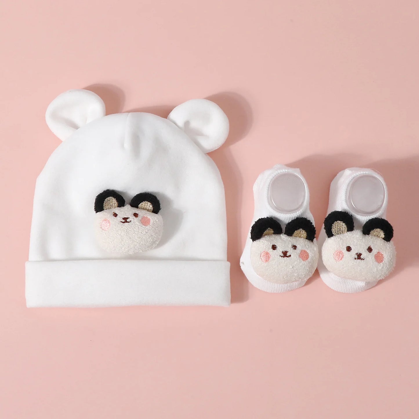 Conjunto de gorro e meias para bebé – gorro de malha de algodão com desenho de orelha para recém-nascidos e crianças pequenas
