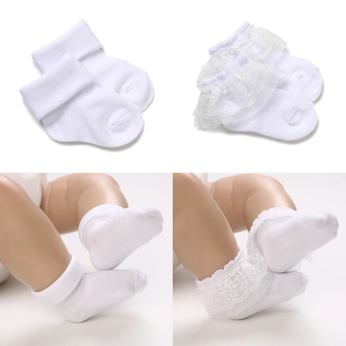 4 Pairs of Cute Lace Cotton Baby Socks 0-1 Years Old Boys and Girls Short Socks Newborn