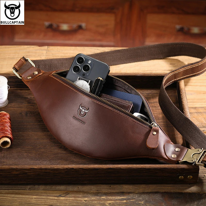 Men's Crazy Horse Leather Belt Bag Classic Retro Crossbody Bag Outdoor Storage Mountaineering Mobile Phone Bag
