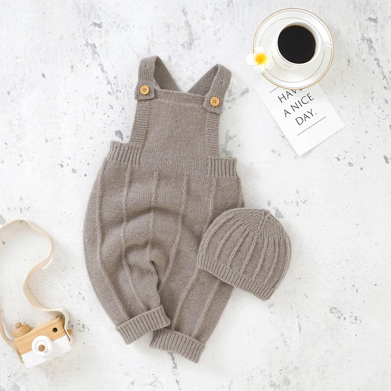 Knitted Baby Romper & Hat Set – Sleeveless Strap Jumpsuit for Newborn Boys & Girls