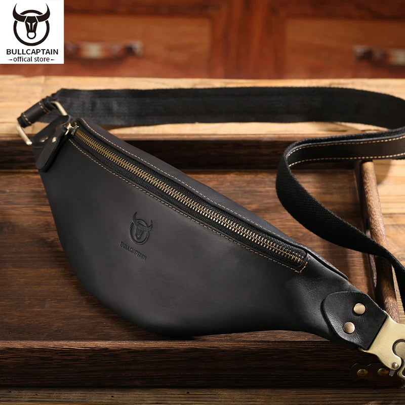 Men's Crazy Horse Leather Belt Bag Classic Retro Crossbody Bag Outdoor Storage Mountaineering Mobile Phone Bag