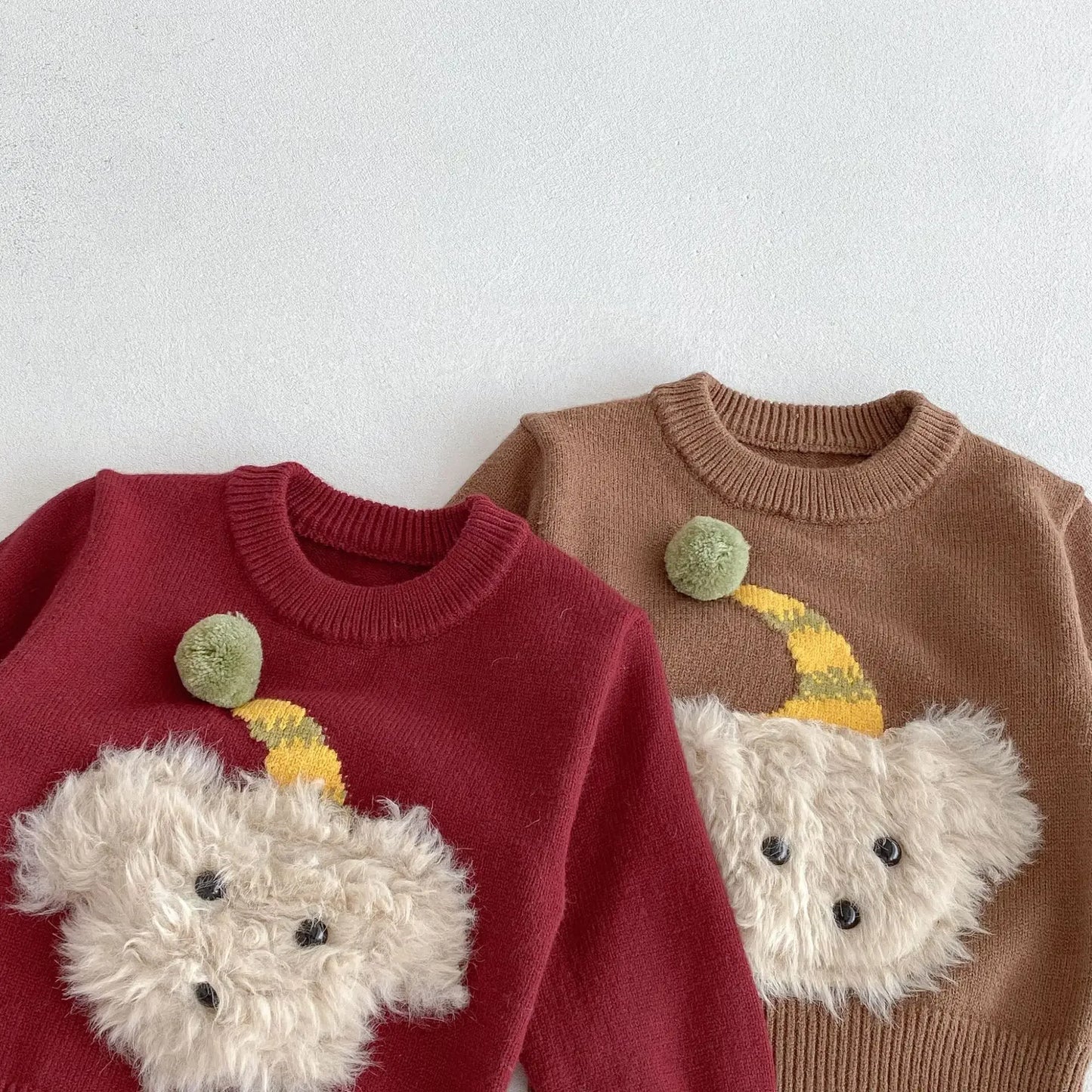 Baby Toddler Knitted Sweater Pants Set Cartoon Dog 3D Fluffy Red Brown Infant Autumn Winter Warm Outfit