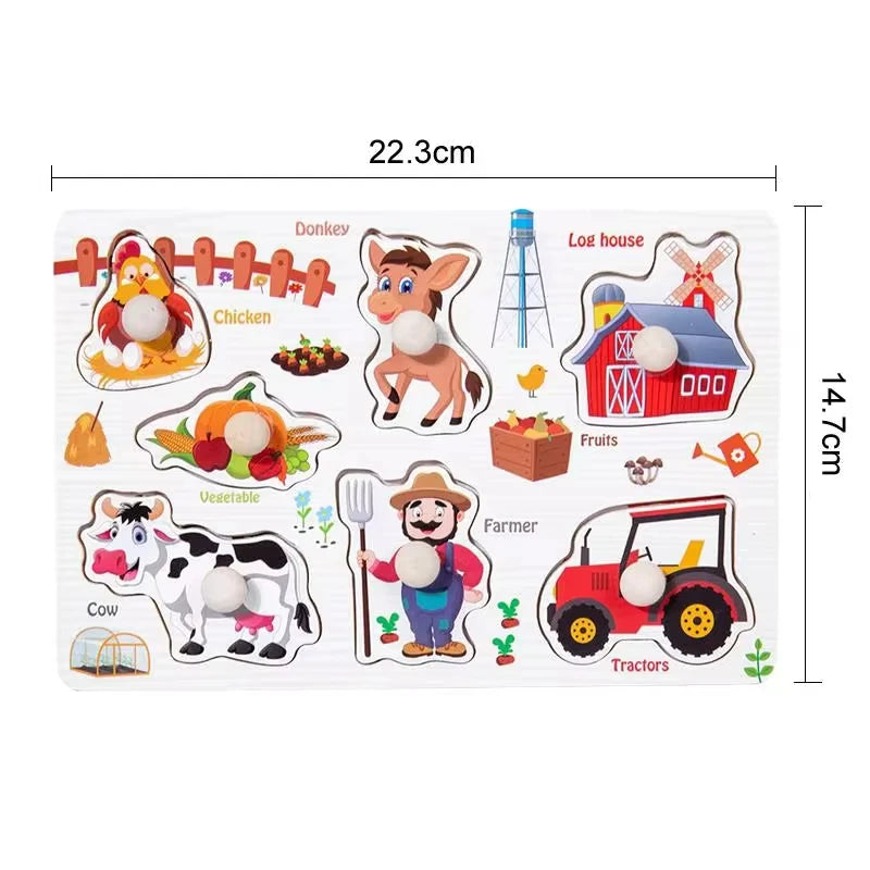 Montessori Wooden Peg Puzzles – 3D Cartoon Animal & Fruit Educational Toys
