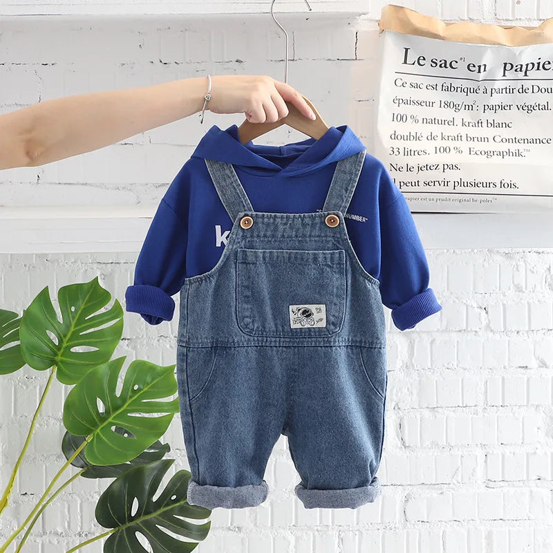 OLEKID 2025 Spring Autumn Korean Style Children Boys 2PCS Clothes Set Printed Letter Hoodie Denim Overalls Infant Baby Boys Suit