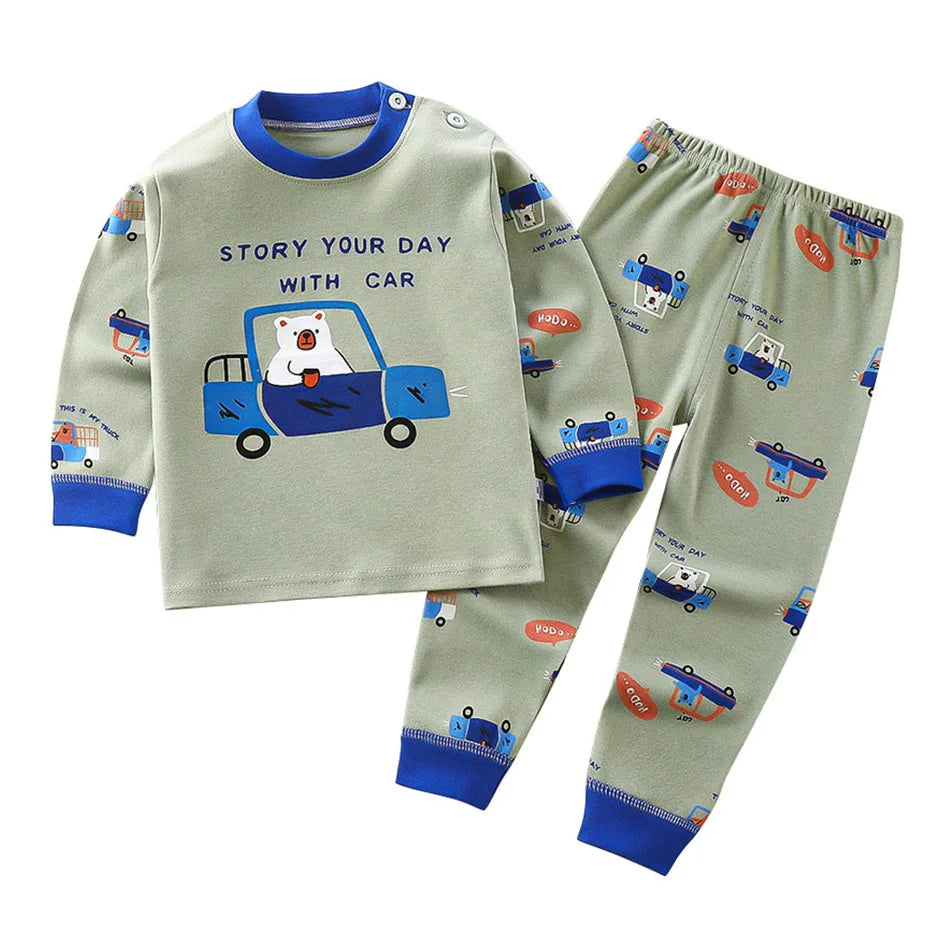Conjunto de pijama infantil em algodão – Pijama de outono/inverno com estampado de desenhos animados para meninos e meninas