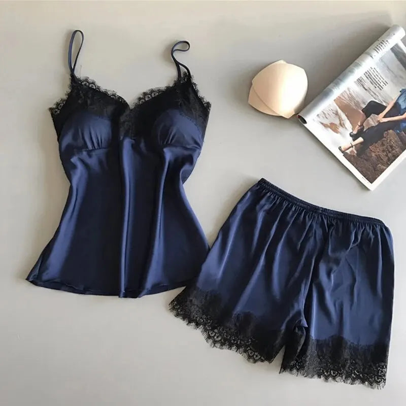 Pijama de moda para mulher com decote em V e renda, lingerie sexy, conjunto de calções para dormir, roupa de dormir nova