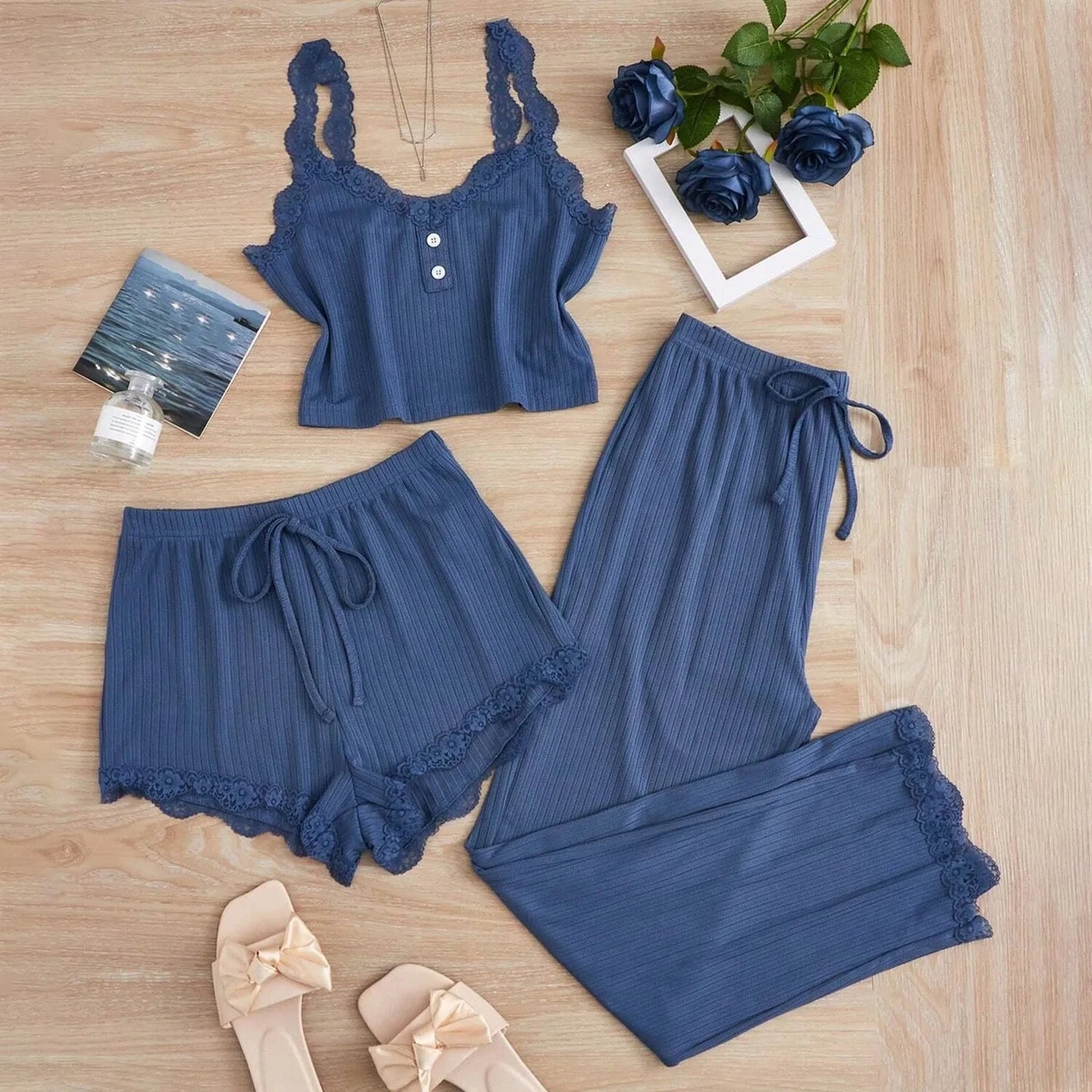 New 2025 Women's Summer 3PCS Pajama Sets Solid Vest Shorts and Pants Paired with Lace Splicing for Homewear Sexy Sleepwear Sets
