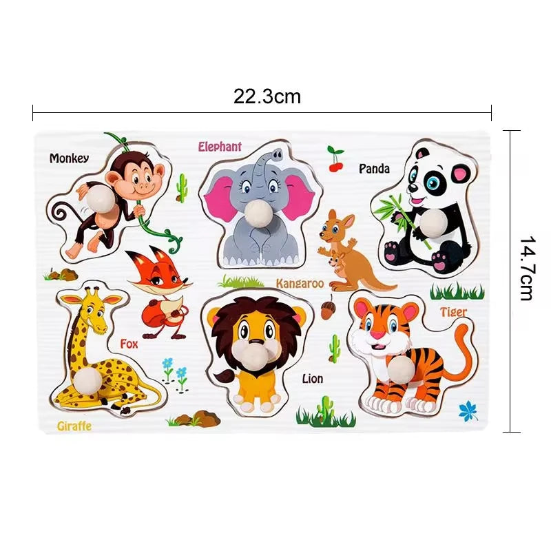 Montessori Wooden Peg Puzzles – 3D Cartoon Animal & Fruit Educational Toys
