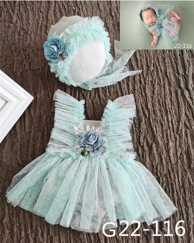 Baby Newborn Photography Props Baby Girl Lace Dress Romper Bodysuits Outfit Hat Headband