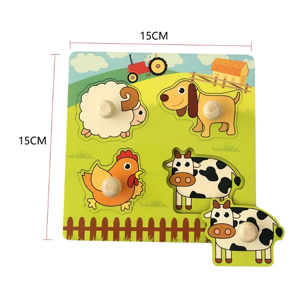 Montessori Wooden Peg Puzzles – 3D Cartoon Animal & Fruit Educational Toys