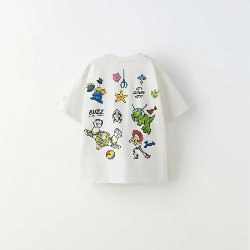 T-shirt infantil estampada com monstro de desenho animado – Blusa casual de gola redonda para menino e menina