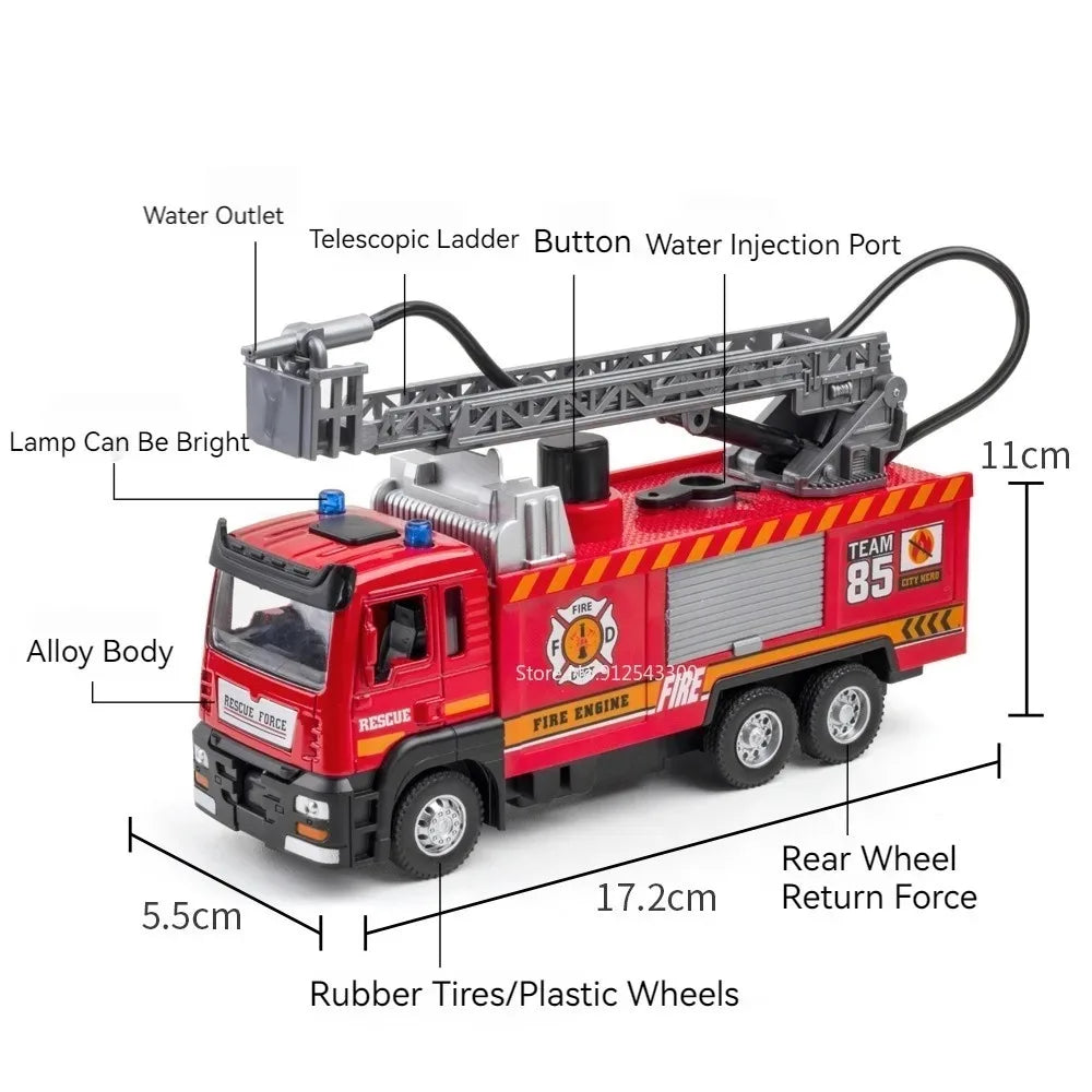 1:32 Scale Water Spray Fire Truck, Sound Light Pull Back Doors Opened Vehicle
