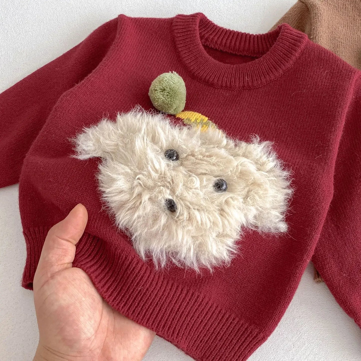 Baby Toddler Knitted Sweater Pants Set Cartoon Dog 3D Fluffy Red Brown Infant Autumn Winter Warm Outfit