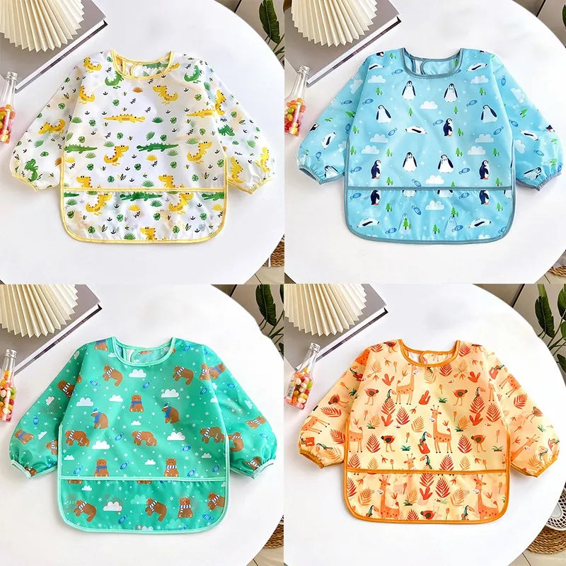 Waterproof Baby Bib – Long Sleeve Cartoon Apron for Self-Feeding (0–3 Years)