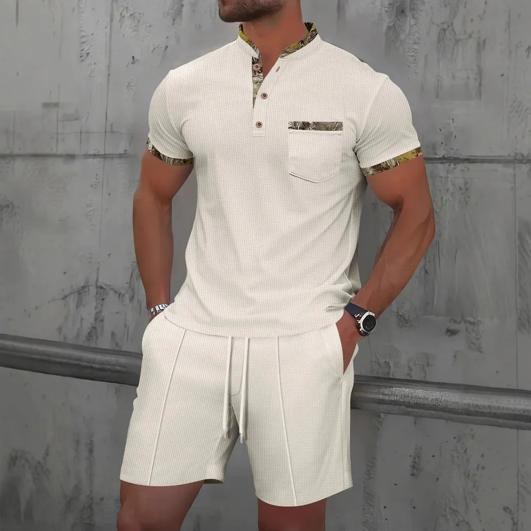2025 Men Europe and the United States Waffle solid color zip-up lapel short-sleeve