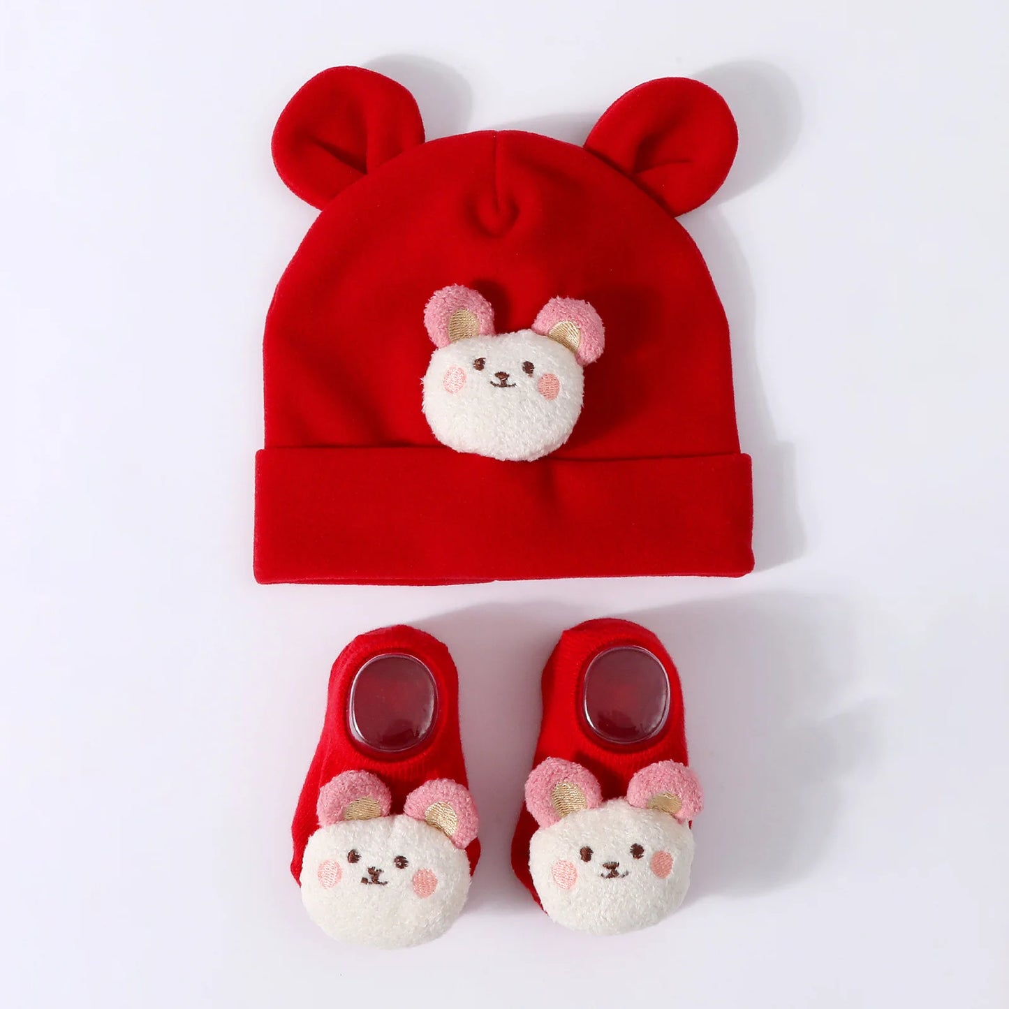 Conjunto de gorro e meias para bebé – gorro de malha de algodão com desenho de orelha para recém-nascidos e crianças pequenas
