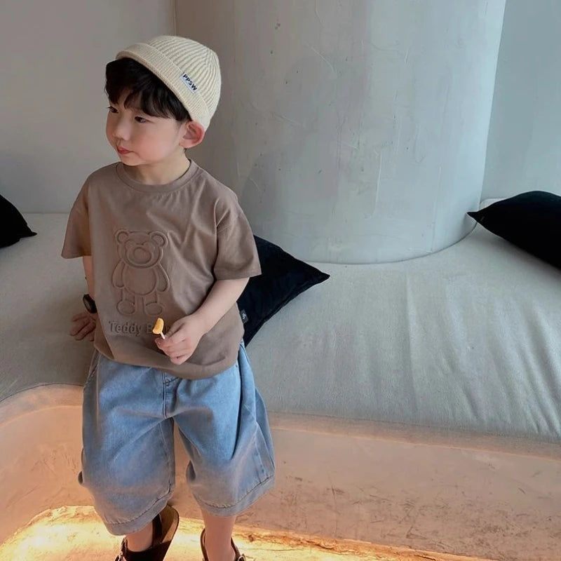 T-shirt infantil Urso com desenho animado – T-shirt leve de algodão para meninos e meninas