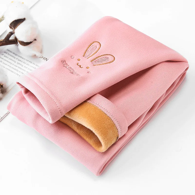 Girls’ Autumn/Winter Leggings – Thick Warm Pants with Cute Rabbit Design