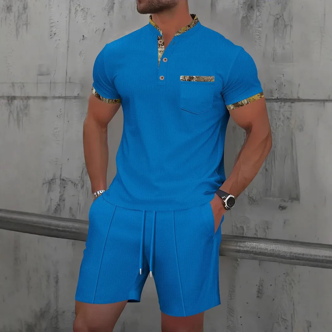 2025 Men Europe and the United States Waffle solid color zip-up lapel short-sleeve