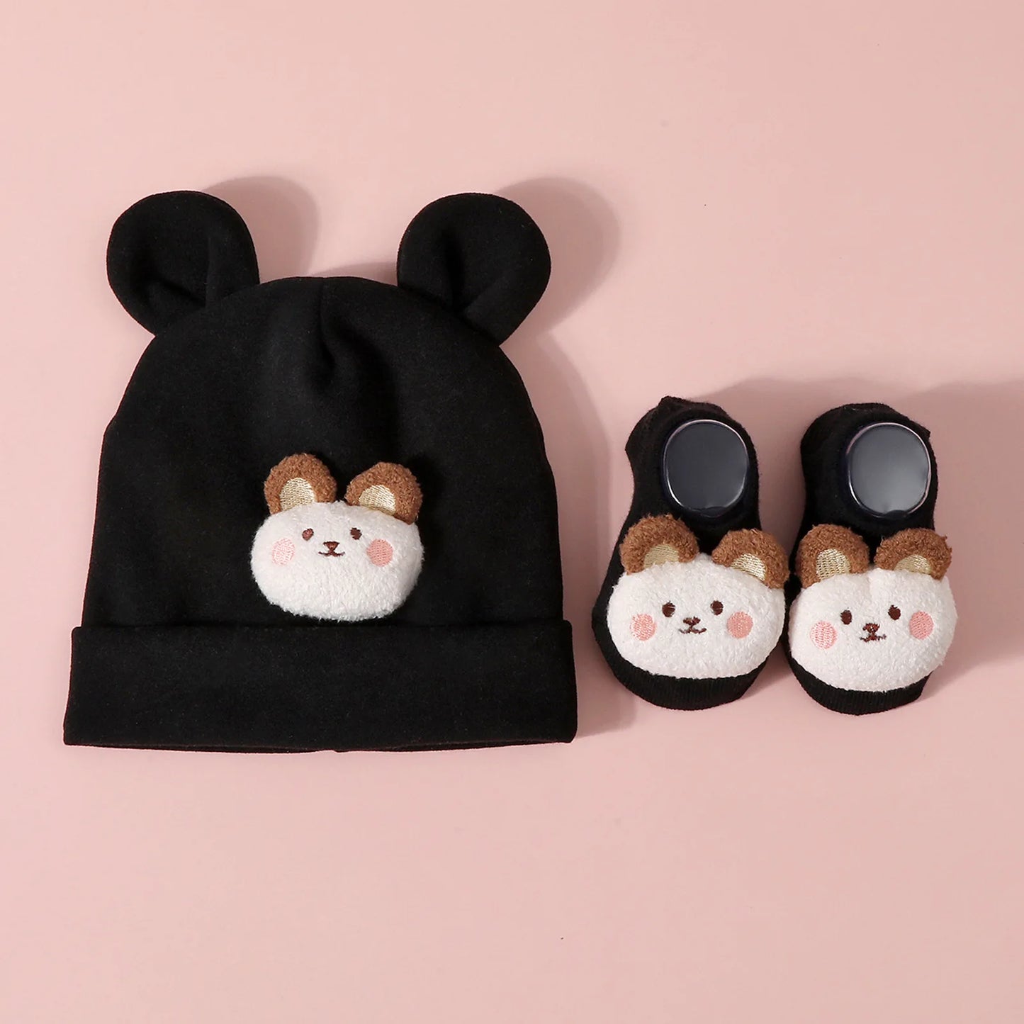 Conjunto de gorro e meias para bebé – gorro de malha de algodão com desenho de orelha para recém-nascidos e crianças pequenas
