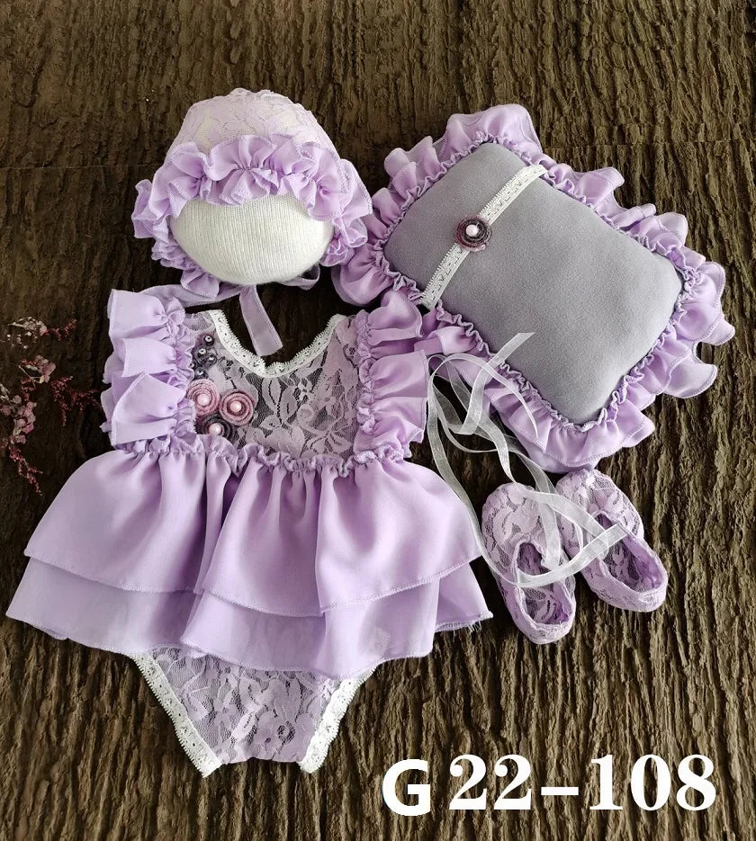 Baby Newborn Photography Props Baby Girl Lace Dress Romper Bodysuits Outfit Hat Headband