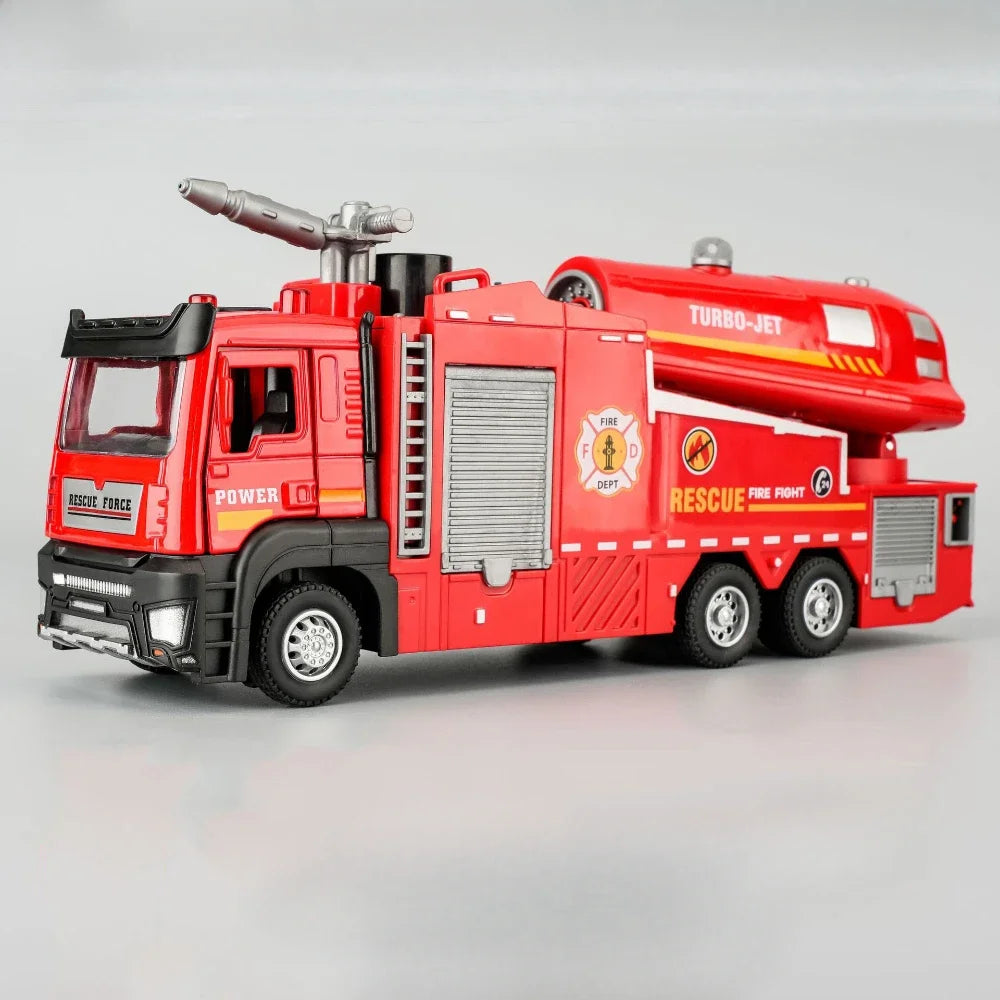 1:32 Scale Water Spray Fire Truck, Sound Light Pull Back Doors Opened Vehicle