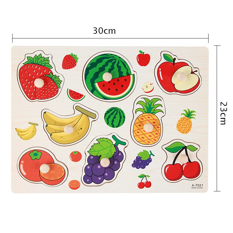 Montessori Wooden Peg Puzzles – 3D Cartoon Animal & Fruit Educational Toys
