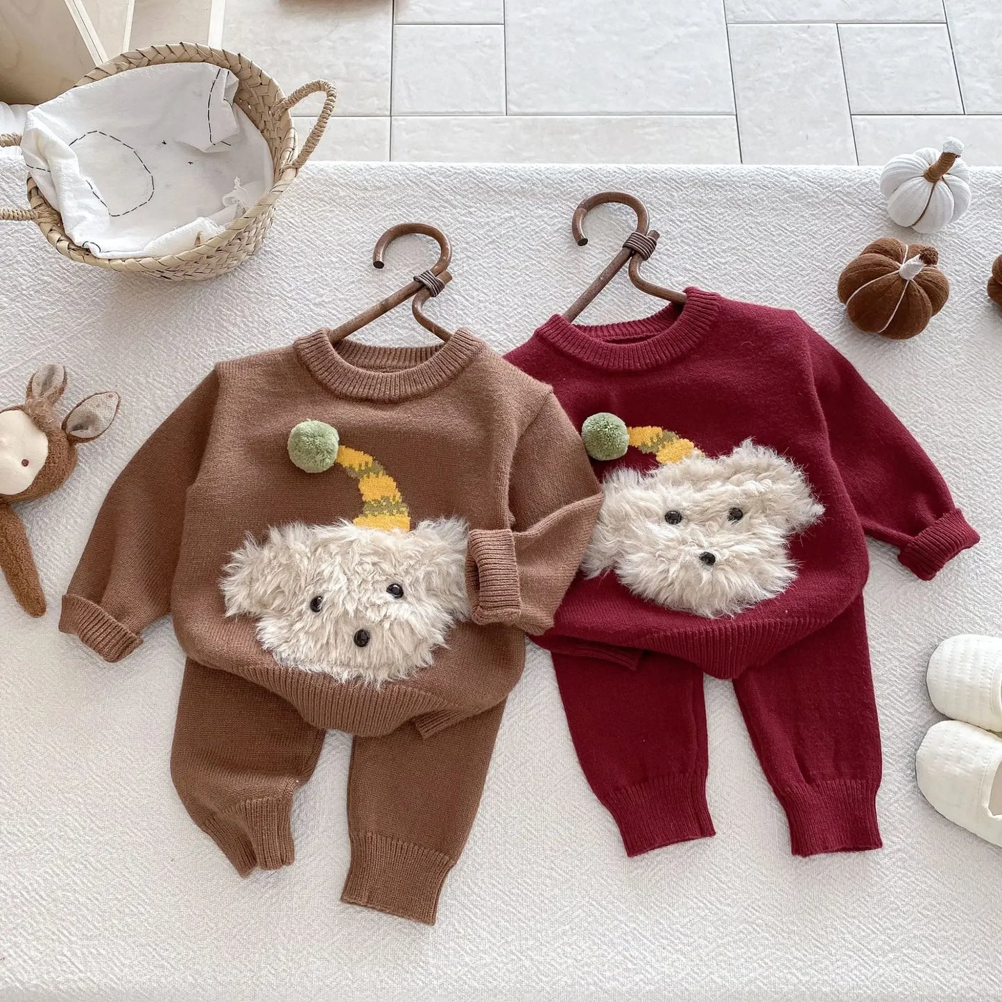 Baby Toddler Knitted Sweater Pants Set Cartoon Dog 3D Fluffy Red Brown Infant Autumn Winter Warm Outfit