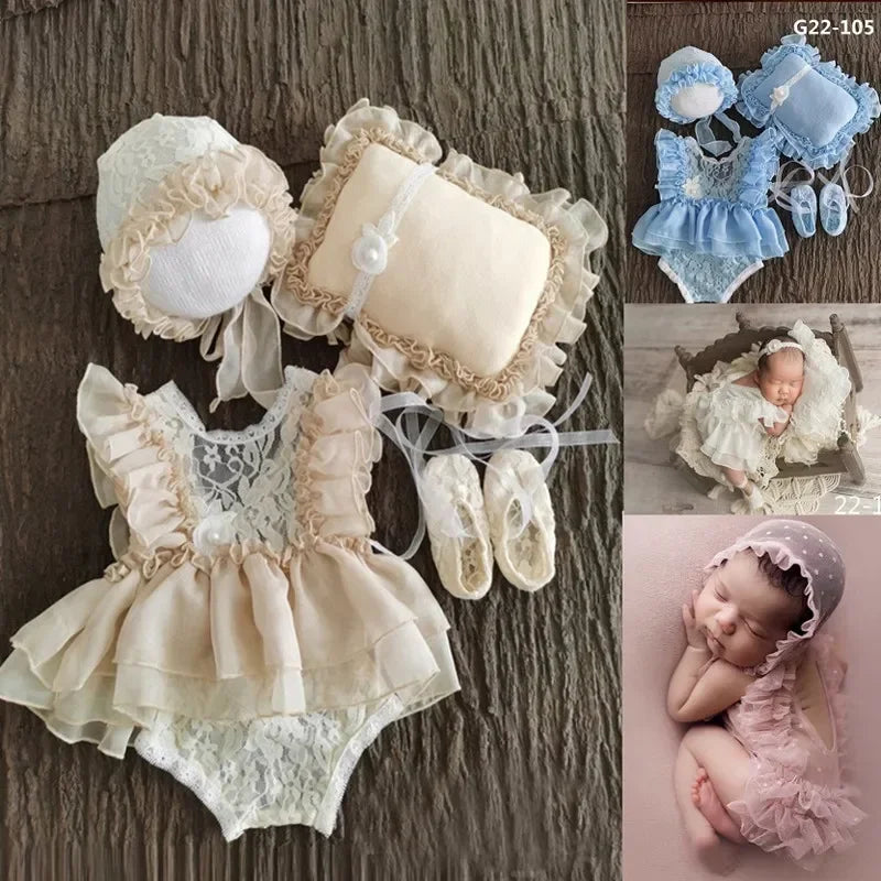 Baby Newborn Photography Props Baby Girl Lace Dress Romper Bodysuits Outfit Hat Headband