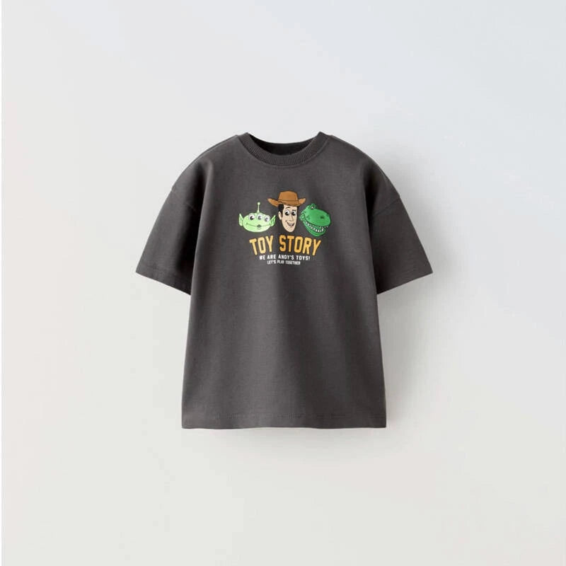 T-shirt infantil estampada com monstro de desenho animado – Blusa casual de gola redonda para menino e menina