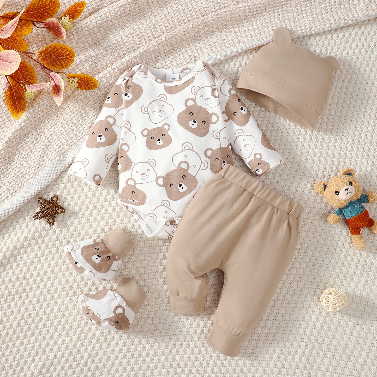 Conjunto de bebé menino dos 0 aos 9 meses, macacão de manga comprida com urso pequeno, calças, gorro e meias, 4 peças/conjunto, roupa para bebé primavera outono, conjunto para recém-nascido