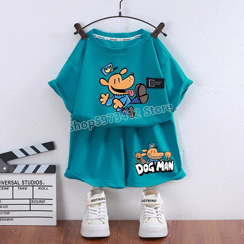 Roupa de verão Dog Man – Conjunto de t-shirt e calções de desenho animado para meninos e meninas